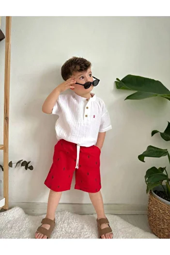 cgboutiquestylekids Cactus Embroidered Muslin Judge Collar Shirt Bottom Thin Linen Red Shorts Boys Bottom Top Set