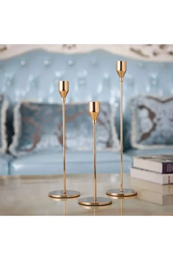 LUXXO Set 3 Candle Holders, Myra, Rose Gold, 10x23cm, 10x28cm, 10x32cm