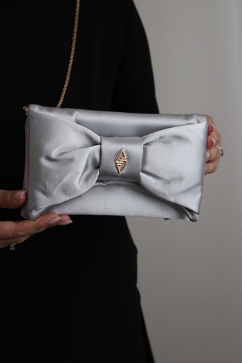 mossi Aron Atelier Black Satin Faux Leather Bow Detailed Chain Strap Evening Dress Clutch Bag