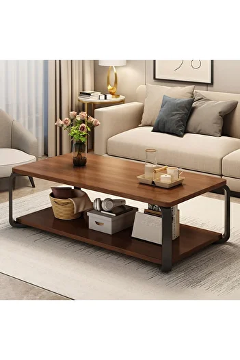 Generic Wooden Coffee Table, 2 Tier Center Table with Metal Legs, Rectangle Tea Table for Living Room, Indus