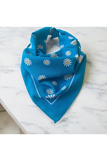 ALS Tasarım Dünyası Kadın Mavi Renk İçerisinde Beyaz Papatya Desenli %100 Koton Bandana
