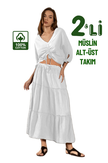 clavia Muslin Shirt and Skirt Bottom-Top Set, Summer Long Skirt, Muslin Shirt V-Neck Crop, Gathered Bustier