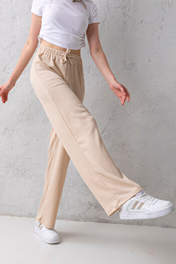 CNRCollection Women's Beige High Waist Elastic Waist Lace up Stretchy Wide Leg Palazzo Wrinkle Women's Trousers