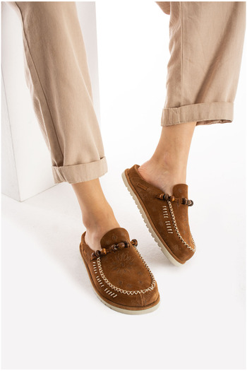 Lemoors Rumi Inside and Outside and Sole Genuine Suede Leather Cinnamon Color Sabo Slippers