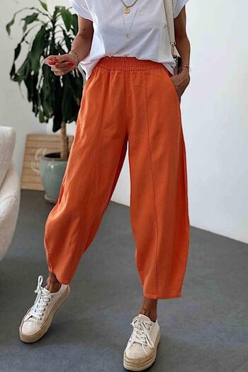 Nana & Mayka Moda Women's Orange Baggy Trousers Loose Summer Comfortable Cotton Elastic Waist Daily Model Gabardine 4003