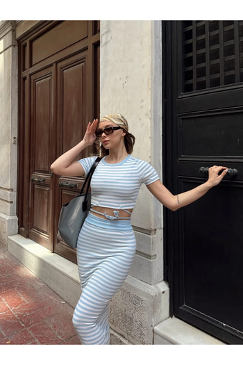 Işıltı kidss Striped Skirt Suit Blue S3609