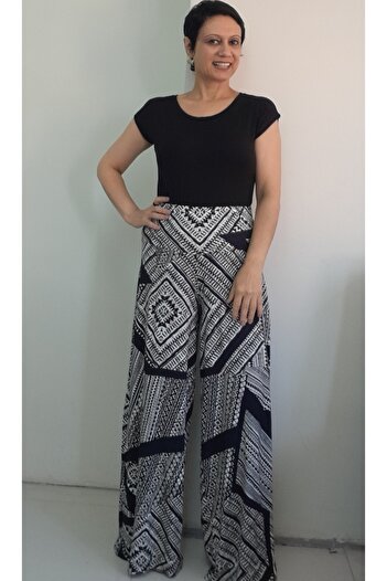 Mertcan Butik Fusta pantaloni din viscoză din bumbac pieptănat cu model alb-negru cu talie elastică