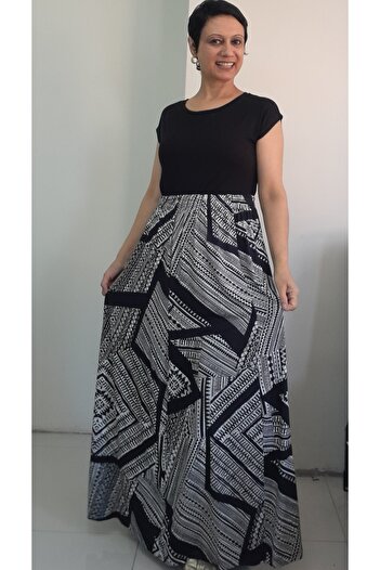 Mertcan Butik 6 Pieces of Black and White Patterned Combed Viscose Skirt with Rubber Band at the Waist