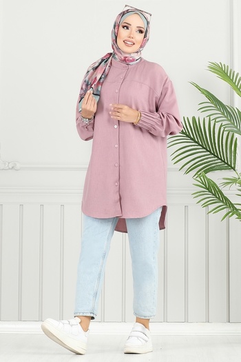 ModaMerve Cuff Pleated Sofia Tunic 4033Tge913-M Light Dusty Rose