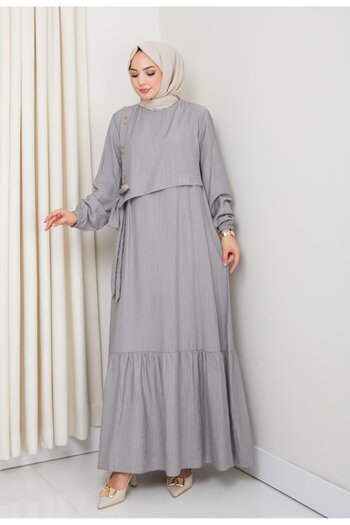 HARMAN BUTİK Women's Tie Detail Strawberry Fabric Gray Dress