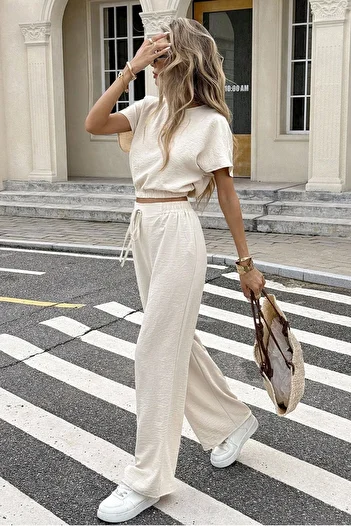 MODAGEN Women's Beige Short Sleeve Crew Neck Crop Pants Bottom-Top Set