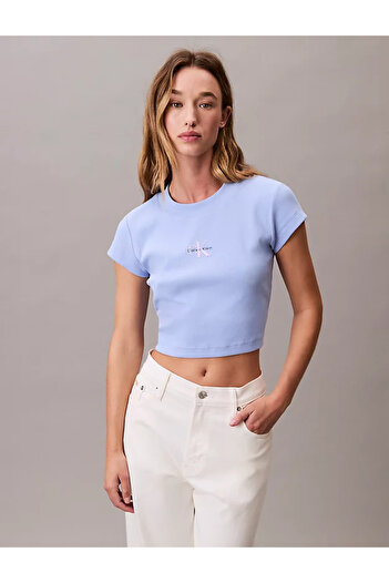 Calvin Klein Women's Round Neck Short Sleeve Short Blue T-Shirt Lv047Ab802-7Zq