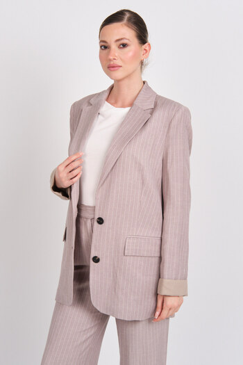 AYHAN Women's Striped Buttoned Linen Jacket 0860 Brown