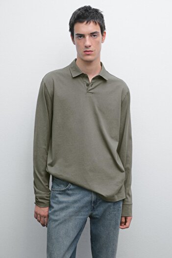 Massimo Dutti %100 pamuklu distressed görünümlü polo yaka t-shirt