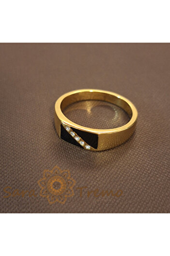 saratremo Masonic Ring with 5 Zirconia Crystals – Elegant Design with Black Decor, 7mm Width