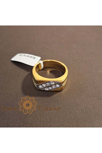 saratremo Unisex gold-plated ring with diagonal zirconia bands - size 11 (diameter 2.1 cm)