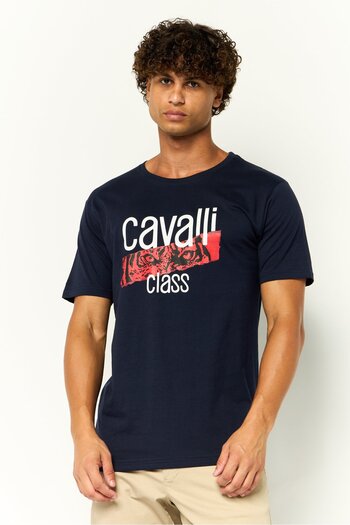 Cavalli Class Men Crew Neck Short Sleeves Graphic Print T-Shirt, Navy