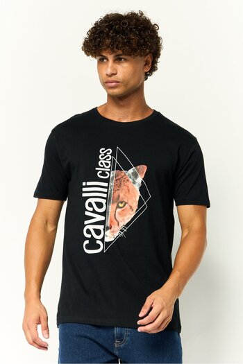 Cavalli Class Men Crew Neck Short Sleeves Graphic Print T-Shirt, Black