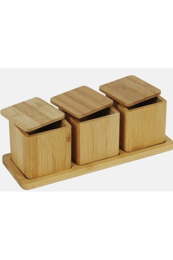 SERAMİKCİ Set of 3 Bamboo Storage Containers with Lids |   Natural Wooden Stand