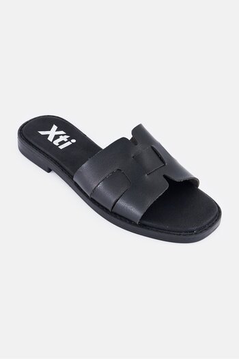 XTI Women Leather Upper Slip On Sandal, Black