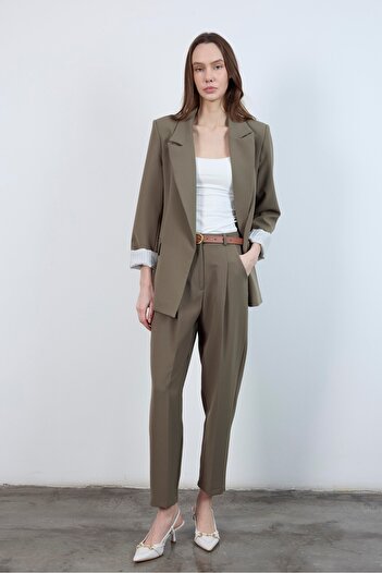 FA Butiq Women's High Waist Dark Khaki Belted Trousers