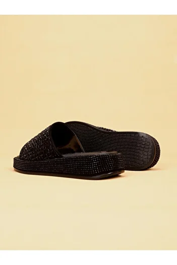 layki Laykly Stone Detailed Shiny Summer Model Platform Women's Black Slippers