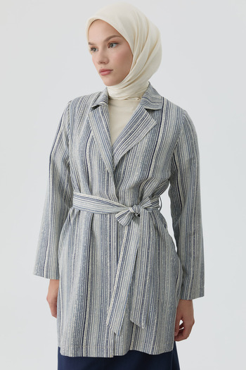 Tuğba Kuşaklı Çizgili Blazer Ceket - İndigo