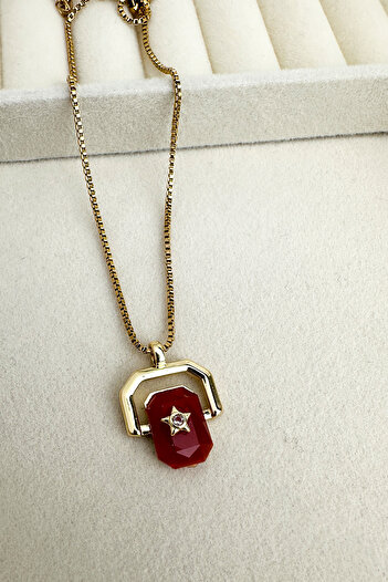 Modex Steel Gold Color Geometric Evil Eye Bead Detailed Stone Necklace (40cm)