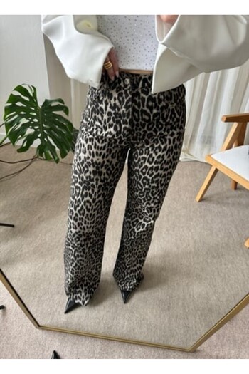 FA Butiq Women's Beige Leopard Pattern Jeans Trousers