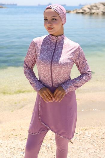 hafsamina Half Zipper Floral Print Full Covered Hijab Swimsuit Dusty Rose Hm2786