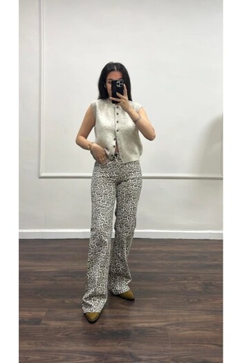 FA Butiq Women's Leopard Wide Leg Denim Jean Trousers
