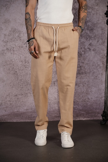 Butik Trend Biz Lycra Linen Fabric Regular Fit Trousers with Elastic Waist and Cord