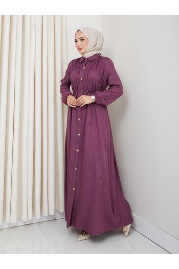 HARMAN BUTİK Women's Gathered Detailed Belted Buttoned Purple Dress