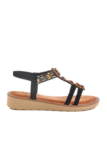 Voyager Black Genuine Leather Stone Embroidered Women's Flat Sandals