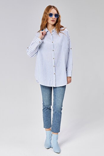 TF The Fancy For You Kadın Çizgili Uzun Kol Oversize Gömlek