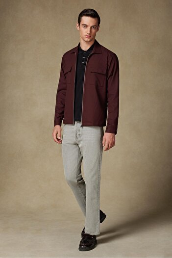 Abbate Verso Twill Overshirt Polyviskon Karışımlı Oversize Fit Bordo Klasik Yaka Erkek Çizgili Gömle