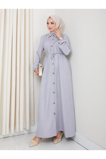 HARMAN BUTİK Women's Gathered Detailed Belted Buttoned Gray Dress