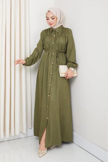 HARMAN BUTİK Women's Gathered Detailed Belted Buttoned Green Dress