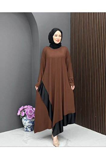KLEERMAKER Women's Plus Size Brown Cotton Viscose Fabric Skirt Black Leather Detailed Pocket Dress