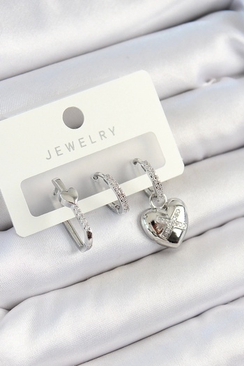 Skygo Brass Zircon Stone Heart Model Silver Color 3-Piece Double Women's Earring Set