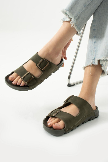 LUXEON Women's Khaki Daily Double Buckle Non-Slip Sole Slippers Comfortable Sole Stylish Lightweight Sea Beach Pool Sandals