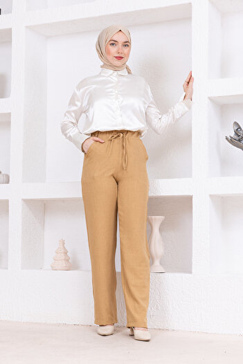 FİDEY BELİ LASTİKLİ CEPLİ KETEN PANTOLON