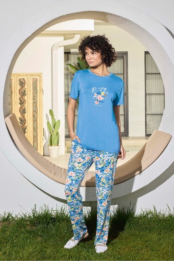 Aydoğan Blue Colored Floral Patterned Women's Pajama Set