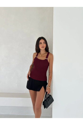 İntive Lingerie Burgundy Ottoman Fabric Buckle Detailed Thick Strap Blouse