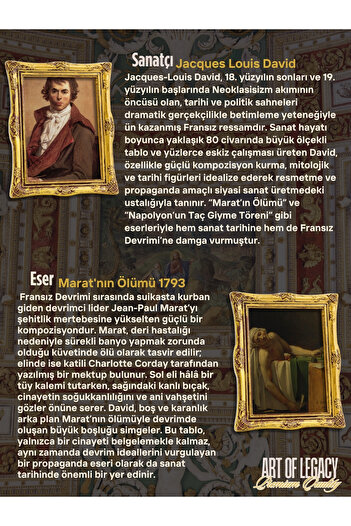 ART OF LEGACY Jacques Louis David (MARAT'IN ÖLÜMÜ 1793) Çerçeveli Klasik Vintage Duvar Tablo