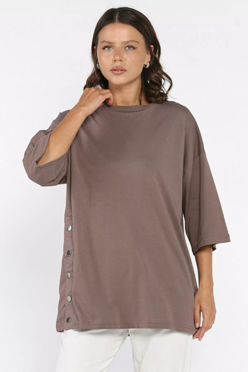 GÜLSELİ Mink Side Snap Oversize T-Shirt (S-M-L-Xl Compatible)