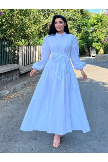 KÜÇÜĞÜM BUTİK Hijab White Big Bow Flared Poplin Dress