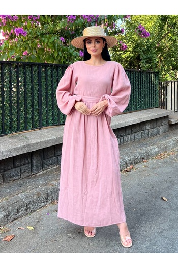 KÜÇÜĞÜM BUTİK Hijab Powder Waist Gathered Muslin Dress