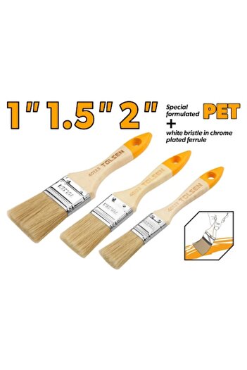 TOLSEN Set 3 Paint Brushes 1"/1.5"/2", PET Bristles, Chrome Ferrule, Wooden Handle