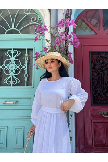 KÜÇÜĞÜM BUTİK Hijab White Waist Gathered Muslin Dress